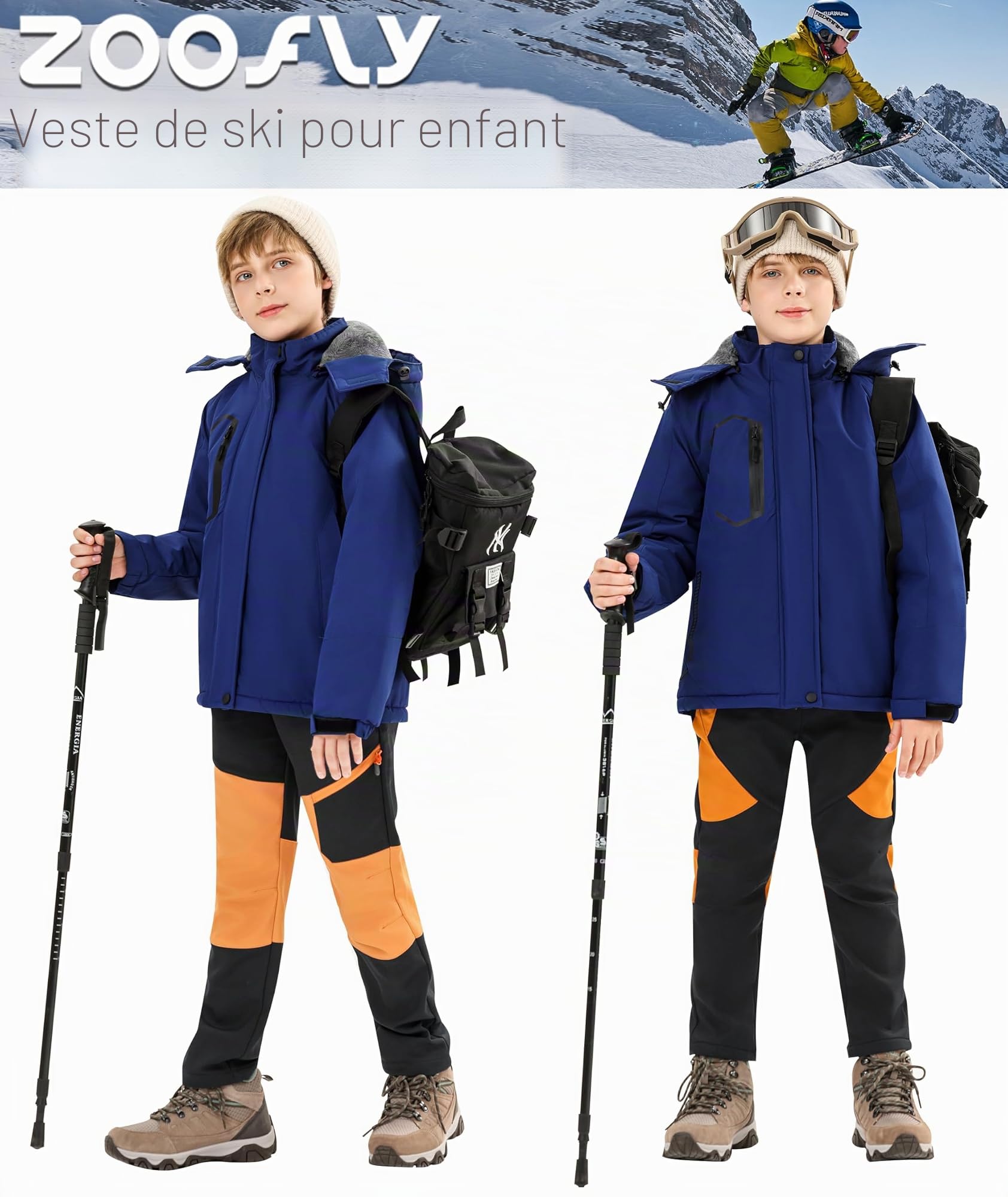 Zoofly Veste de Ski Enfant Imperméable avec Capuche Hiver Manteau Doublé Polaire Chaud