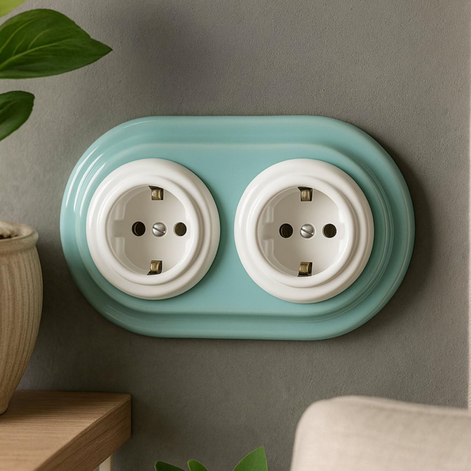 Unterputz Porzellan Retro Steckdose 2-fach, All-in-One, Serie PR1 türkis