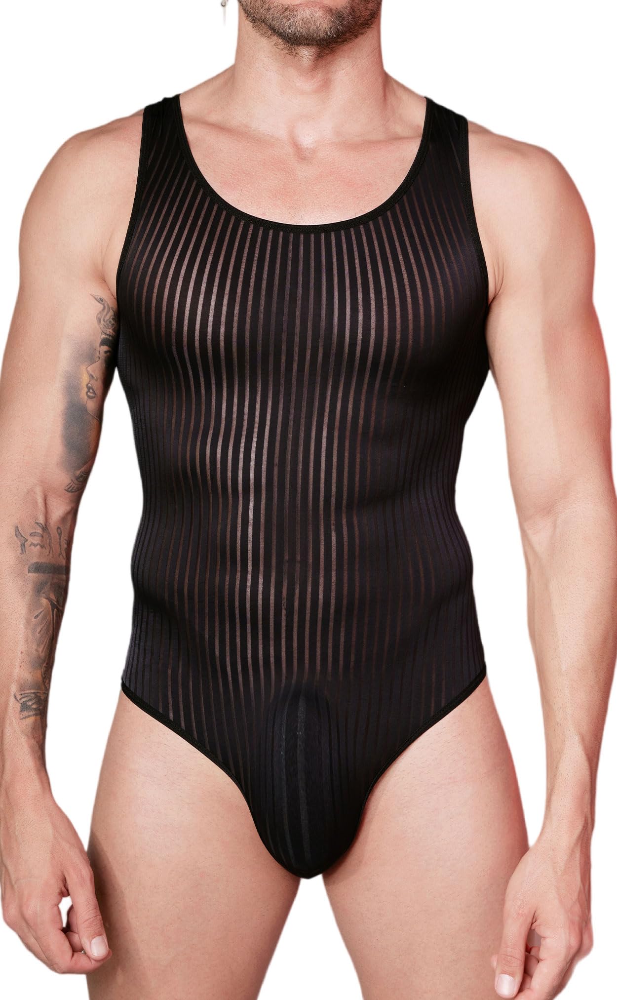AIEOE Body léger pour homme - Rayures élastiques - Transparent - Une pièce - Chemise de nuit - Clubwear - Grande taille, Noir , taille unique