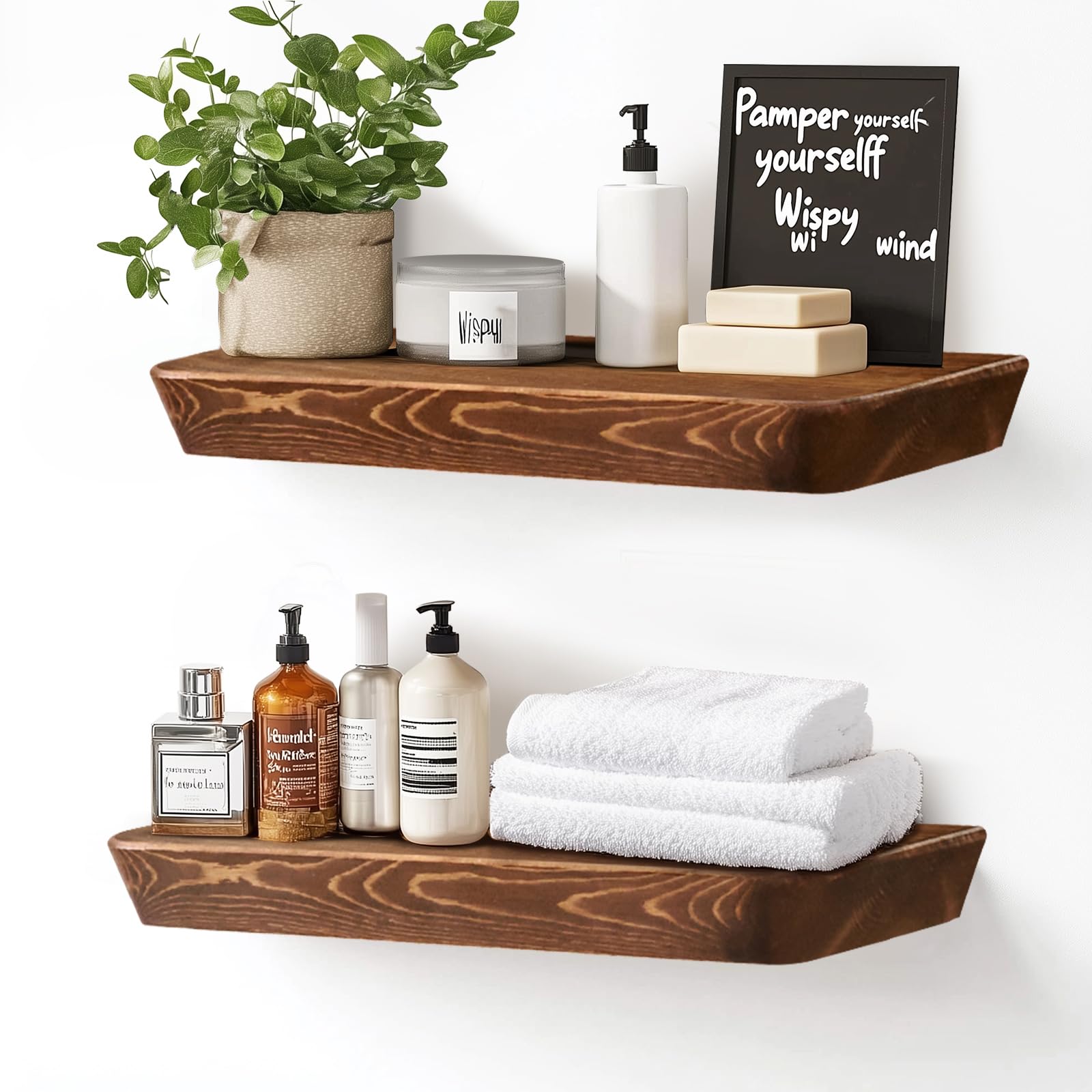 ABSWHLM 16"x6.8"x1.6" Slanted Floating Wall Shelves 2-Pack - Rustic Brown Finish, Heavy-Duty Solid Wood Design with Hidden Brackets - Perfect for