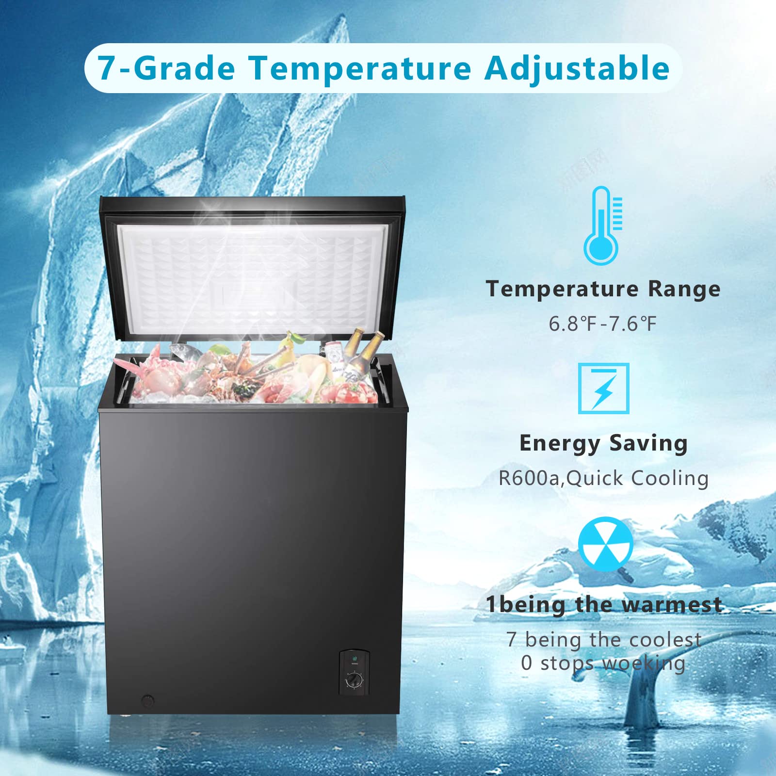 R.W.FLAME Chest Freezer 5.1 Cubic Feet, Deep Freezer, Removable Basket, Adjustable Temperature, Energy Saving, Top open Door Compact Freezer, Black on Fridge.com
