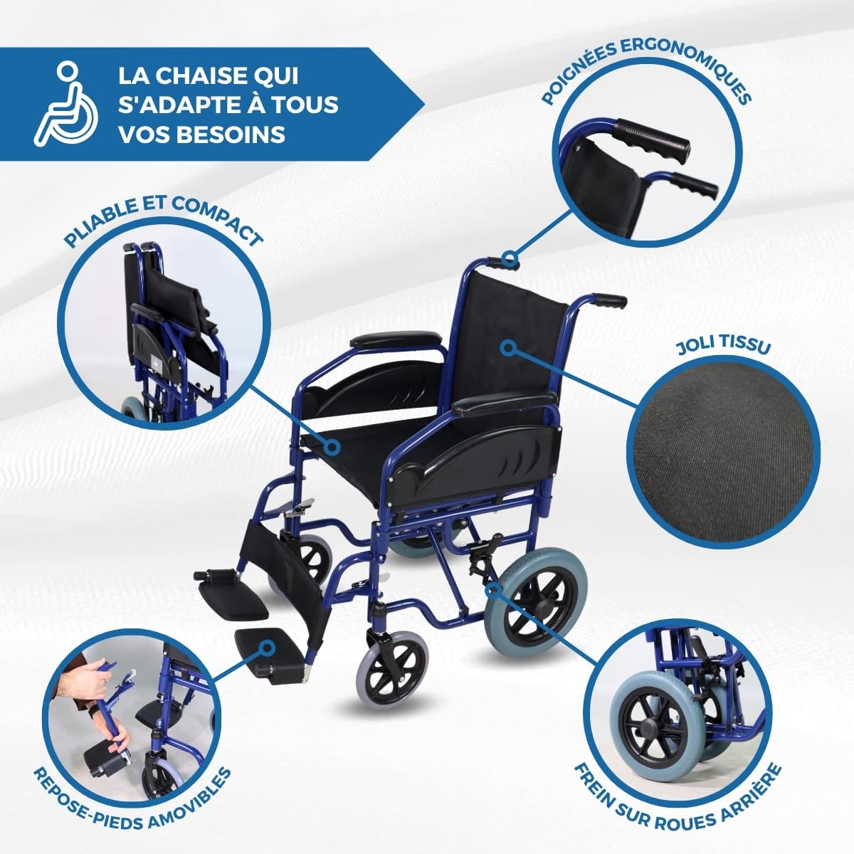 Mobiclinic®, Fauteuil roulant pliant, Maestranza, Freins de stationnement, Siège 45 cm, Repose-pieds amovibles, Accoudoirs pliants et rembourrés, Petites roues, Robuste, Couleur noir