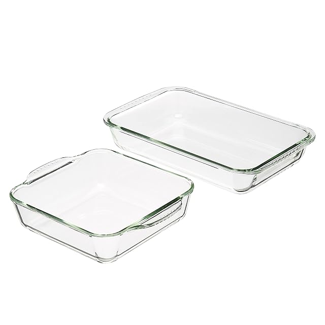 Amazon Basics Oven-Safe Glass Baking Dish Set, Set of 2, Rectangular 3L and Square 2L