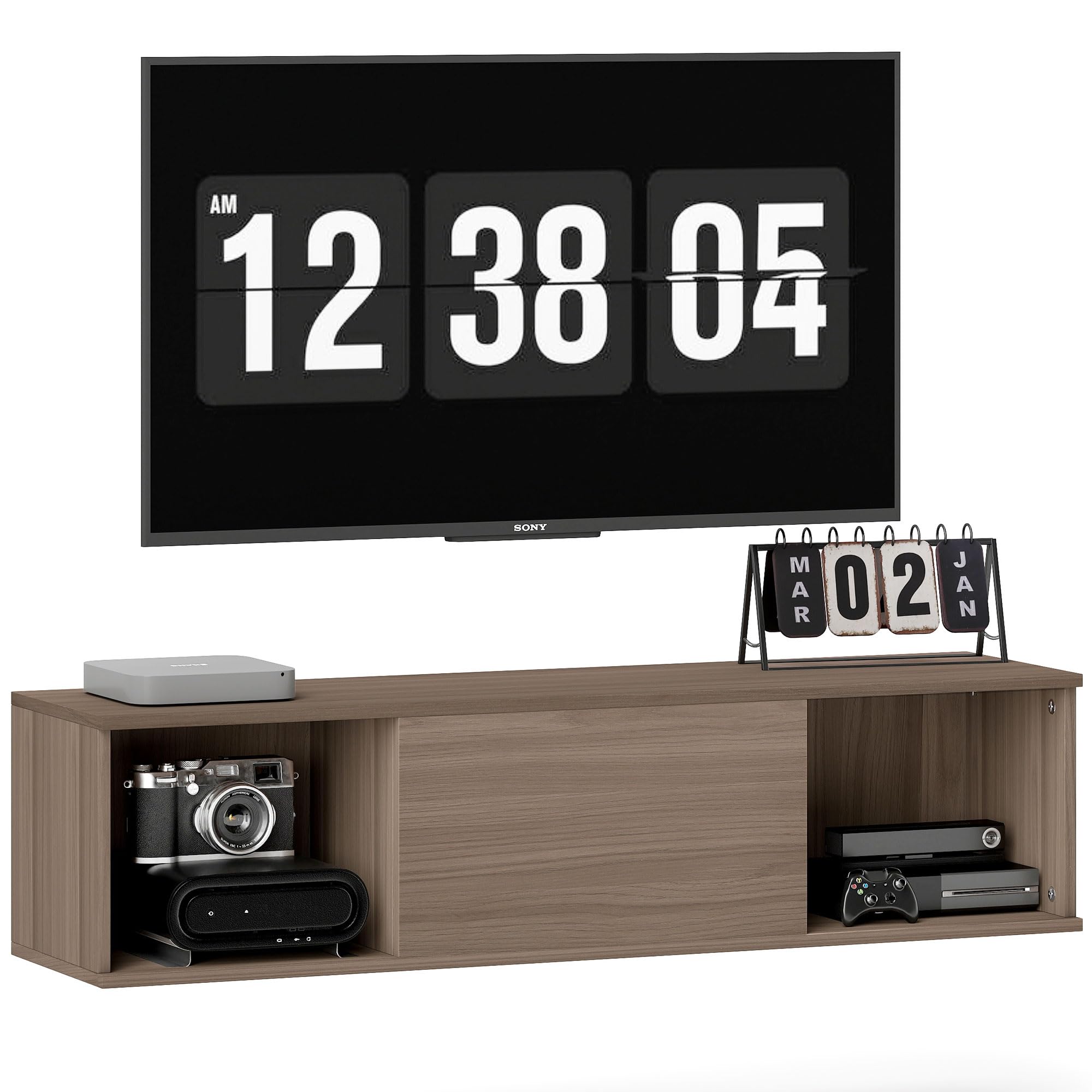 HOMCOM Mobile per TV sospeso 120 cm, armadio da parete, mobile pensile, stile moderno, con 2 scomparti aperti e porta pieghevole, colore: marrone