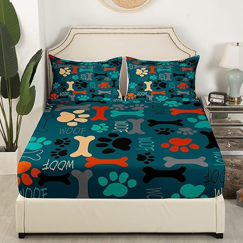 Miniatura 3 de Sábanas de cama con estampado de patas de perro para niños, sábana bajera ajustable de huesos coloridos para los amantes de los perros, juegos de