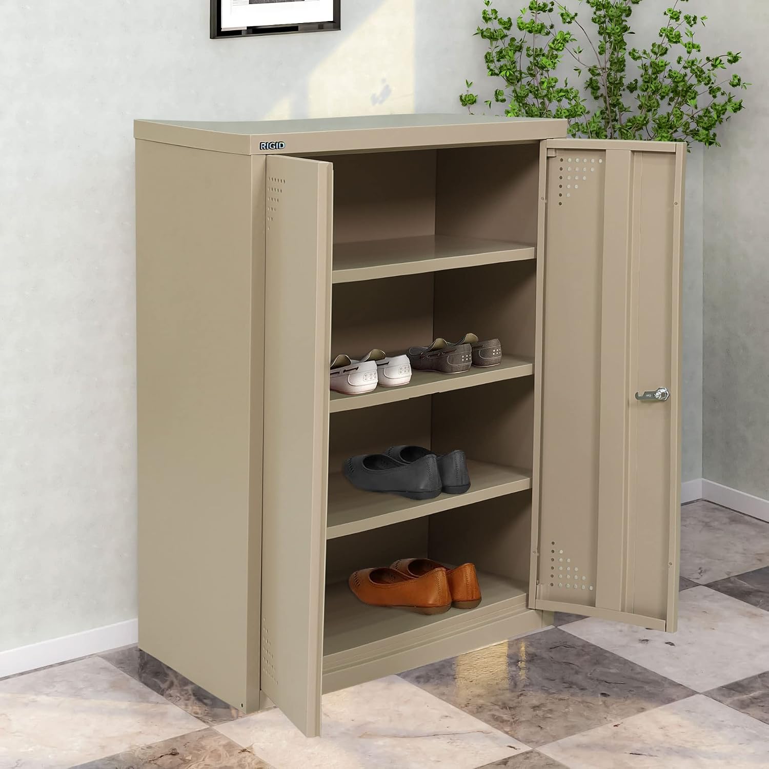 Lockable Shoe Rack RIGID Steel Shoe Rack with Doors | 3 Shelves Storage Cabinet with ...