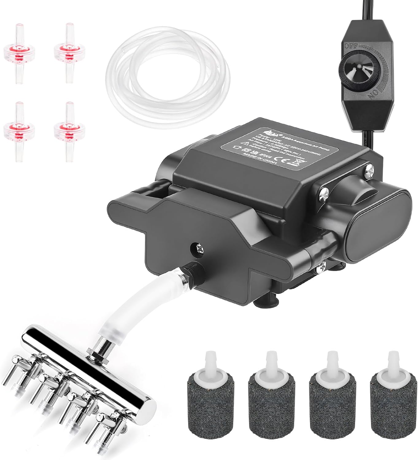 AQQA Powerful Aquarium Air Pump, 4 Air Outlets, Adjustable Oxygen Aerator with Complete Accessories for Large Fish Tanks, Ponds & Seafood Markets (12W/18W)