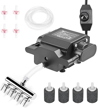 AQQA Powerful Aquarium Air Pump, 4 Air Outlets, Adjustable Oxygen Aerator with Complete Accessories for Large Fish Tanks, Ponds & Seafood Markets 12W/18W