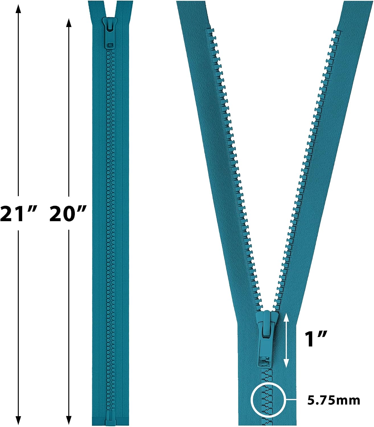 Mandala Crafts #5 Molded Tooth Teal Separating Zippers - 20 Inch Heavy Duty Plastic Zippers for Sewing Jackets, Coats, Bags, and Crafts