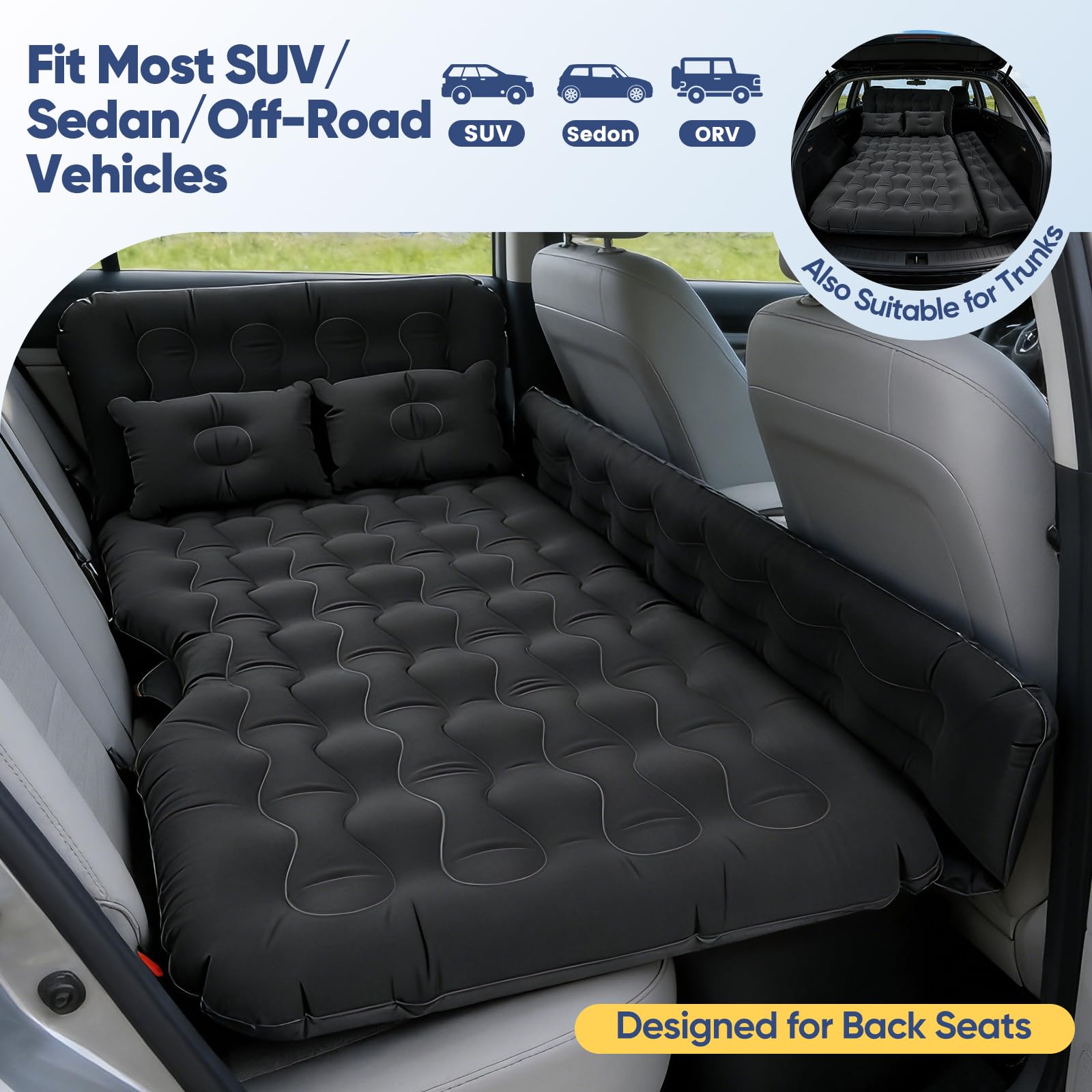 Luftmatratze für Auto, Aufblasbares Bett für Rücksitz, Luftmatratze SUV mit Luftpumpe und Kissen für Reisen, Camping, Outdoor-Aktivitäten(Version Rücksitzbank)