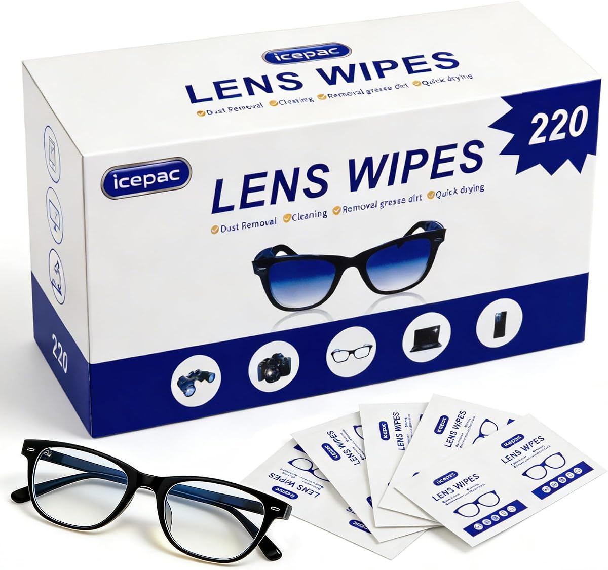 Lens Cleaning Wipes, 220 Count Individually Wrapped – Pre-Moistened, Quick-Drying for Eyeglasses, Sunglasses, Camera Lenses | Portable for Travel & Office