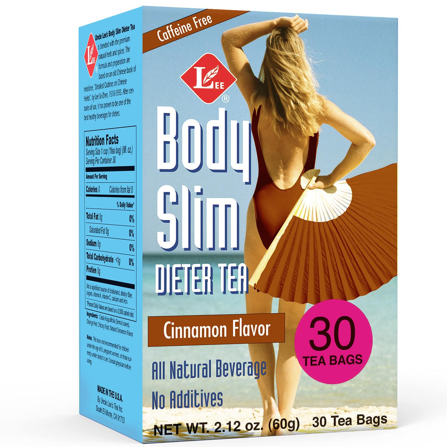 Uncle Lee’s Body Slim Dieters Tea, Detox & Slimming Tea – Senna, Bitter Orange, Cinnamon Flavor & Chicory Root, Natural Laxative, Caffeine-Free Herbal Tea Bags, 30 Count
