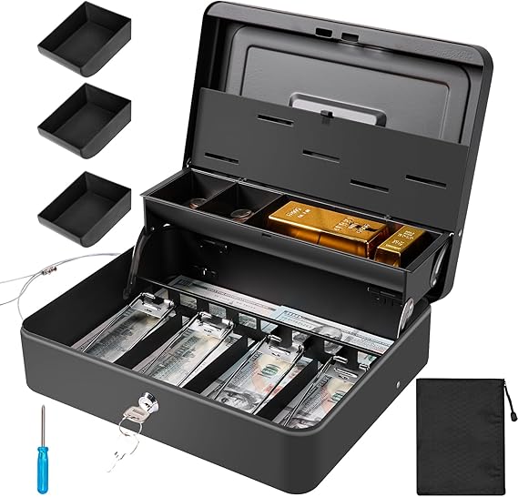 Polspag Large Cash Box with Security Cable & Coin Cover