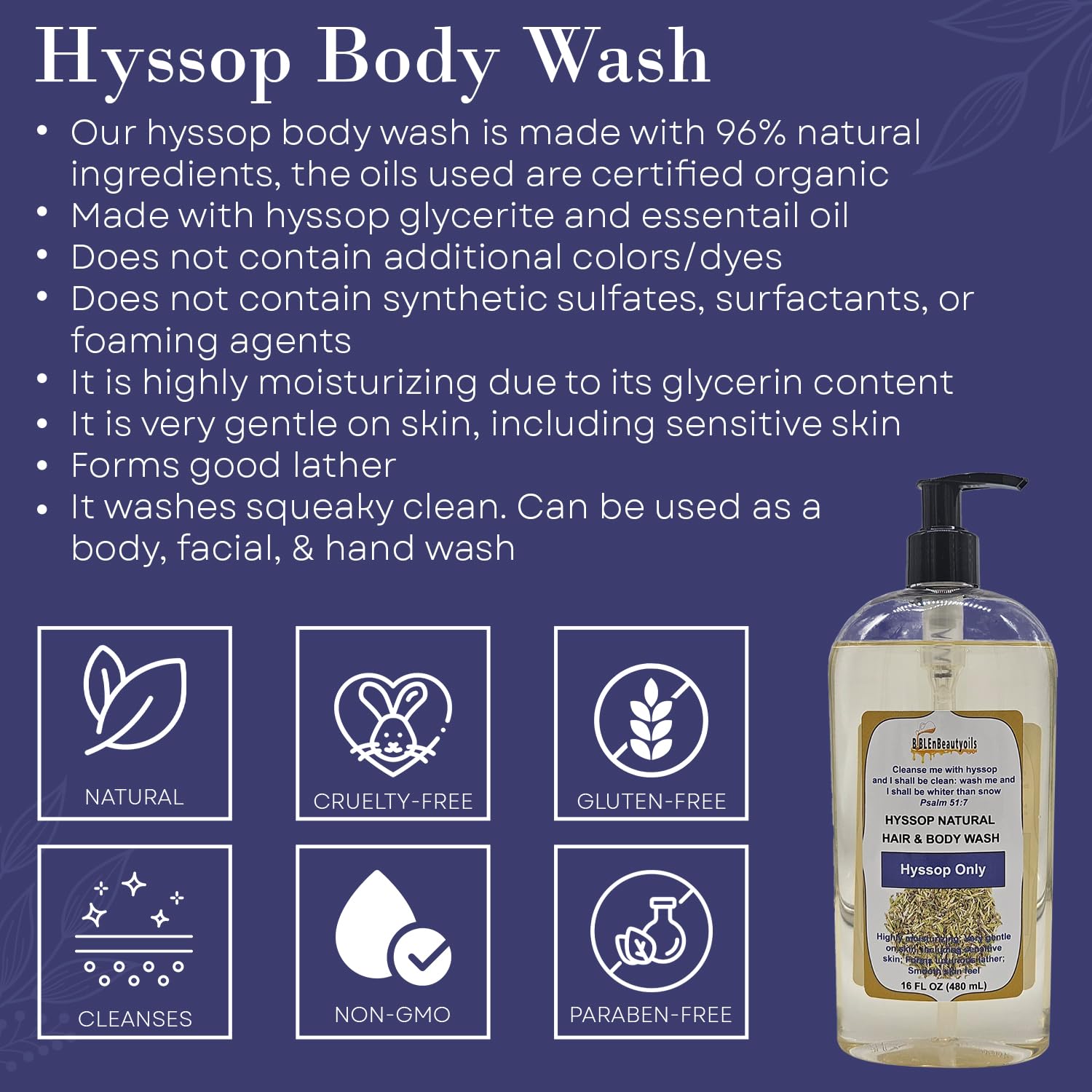 Cleanse Me With Hyssop Natural Hair and Body Wash, Organic Hyssop Infused Shampoo and Body Wash for Nourishing and Refreshing Hair & Body Cleansing