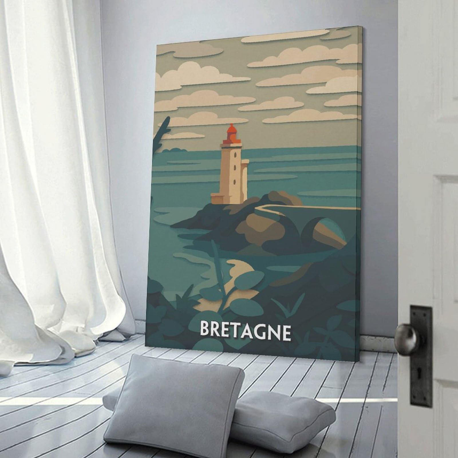 Junmoney Canvas Wall Picture Bretagne Lighthouse Coastal Scene Illustration, 20x30inch(50x75cm), for Office, Study Or Home Workspace, Canvas Wall Decor for Creative Rooms
