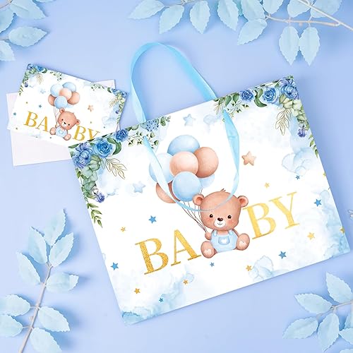 Miniatura 9 de Bolsas de regalo grandes para bebé de 13 pulgadas con papel de seda y tarjeta de felicitación (oso de balón y floral), bolsas de regalo de tamaño