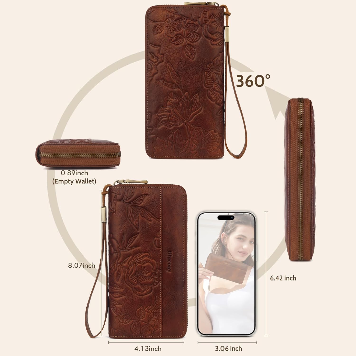 Leather Womens Wallet with Embossed Flowers,RFID Blocking Long Wallet For Women Large Capacity Wristlet With Card Holder Zip Coin Pocket(embossed brown)