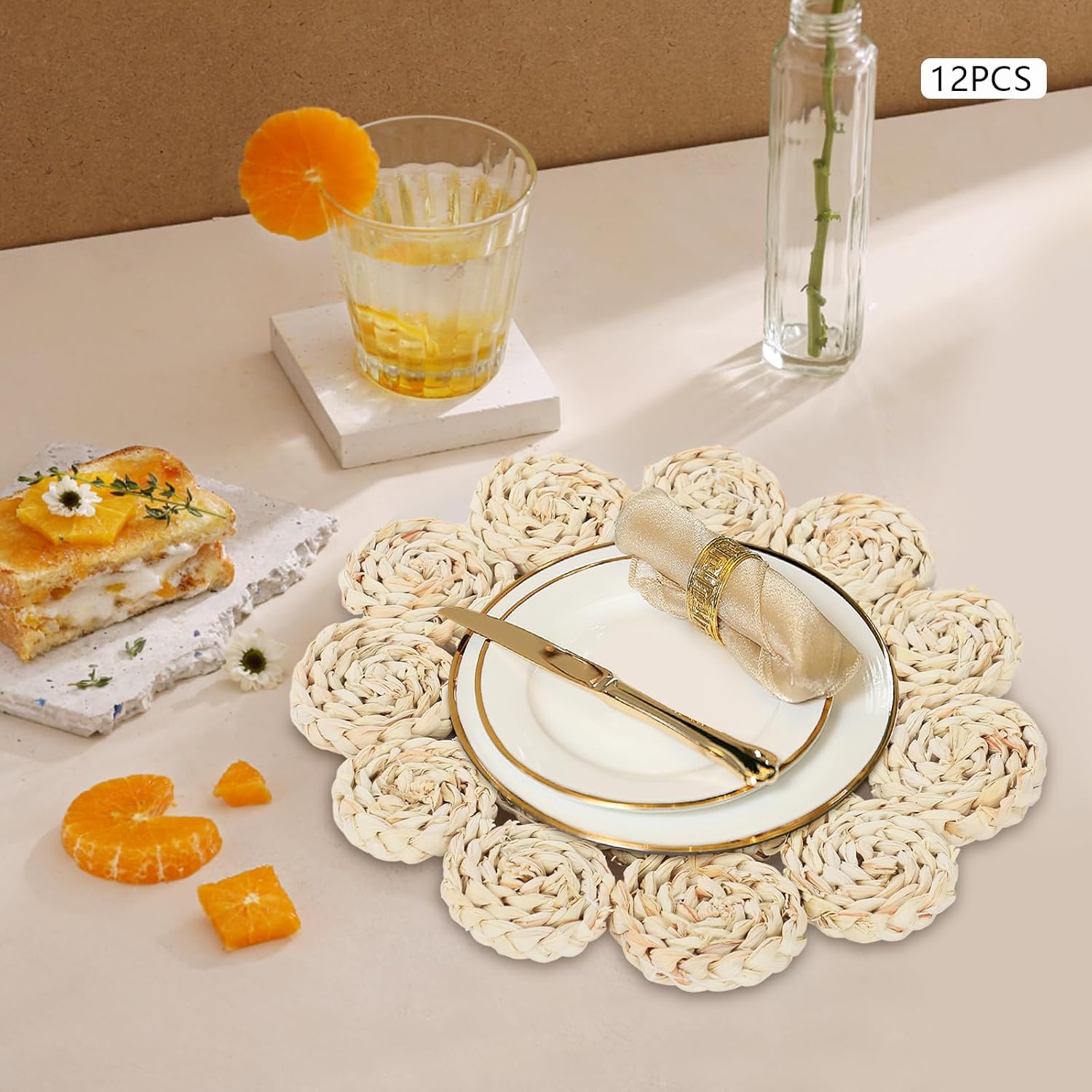 11.81in Woven Rattan Table Mats, 12pcs Round Bottom Placemats, Boho Rattan Place Mats, Withstand Temperatures 212℉, for Restaurant & Dining Table (11.81in, Petal)
