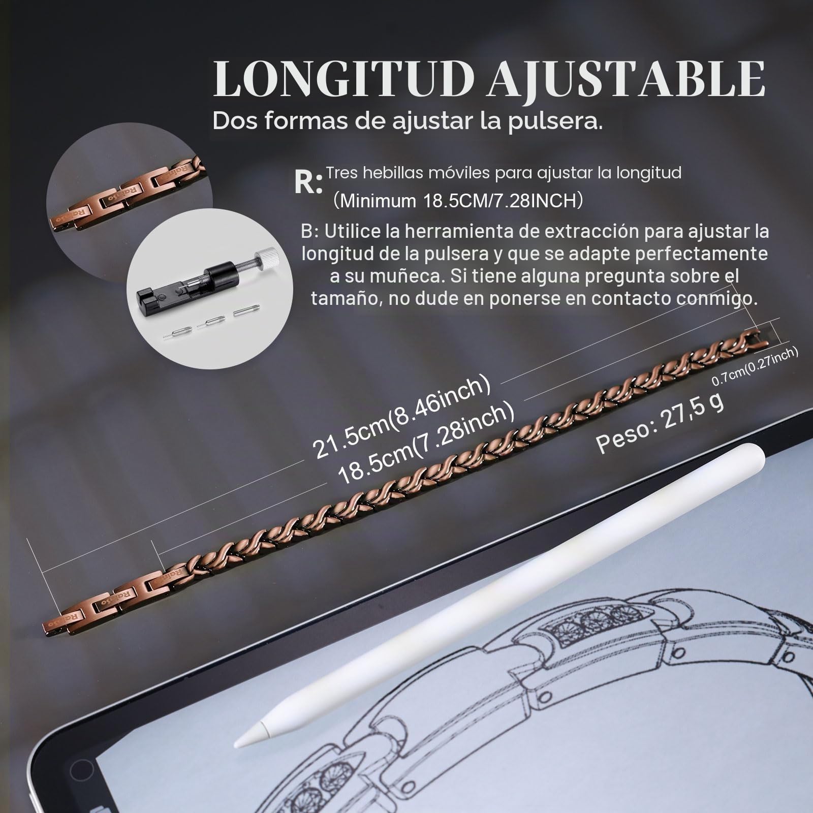 RainSo Pulseras magnéticas de cobre puro para terapia de artritis con 3 hebillas ajustables