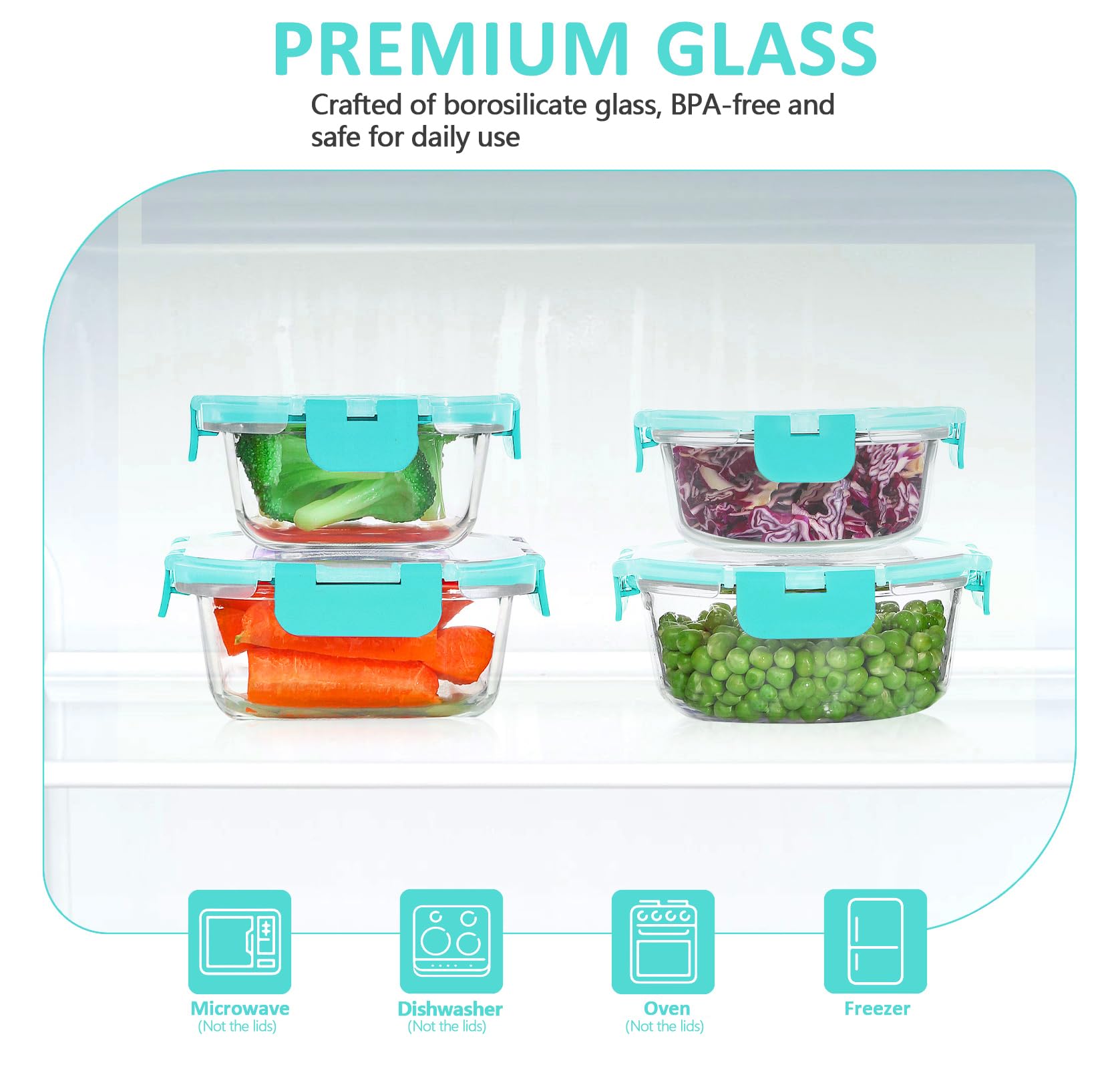 KOMUEE Frischhaltedosen-Set aus Glas, stapelbar, luftdicht, mit Deckel, geeignet für Gefrierschrank und Ofen, Grün, 24-teilig