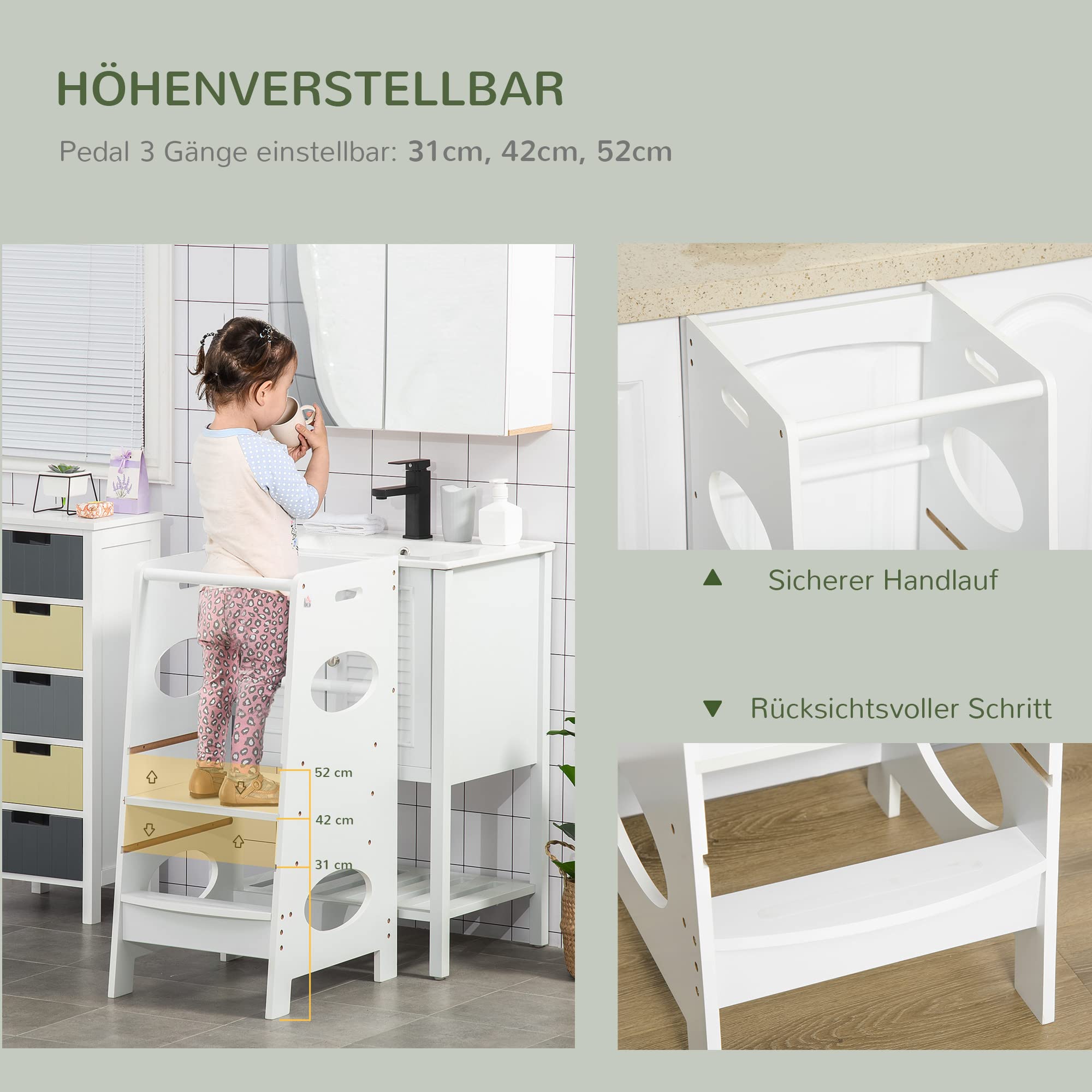 HOMCOM Lernturm für Baby Tritthocker Schemel Stehender mit 3 Stufen Küchenhelfer für 3+ Jahre Kinder Jahre Sicherheit Bad Schlafzimmer Küche Weiß 40 x 50 x 90 cm