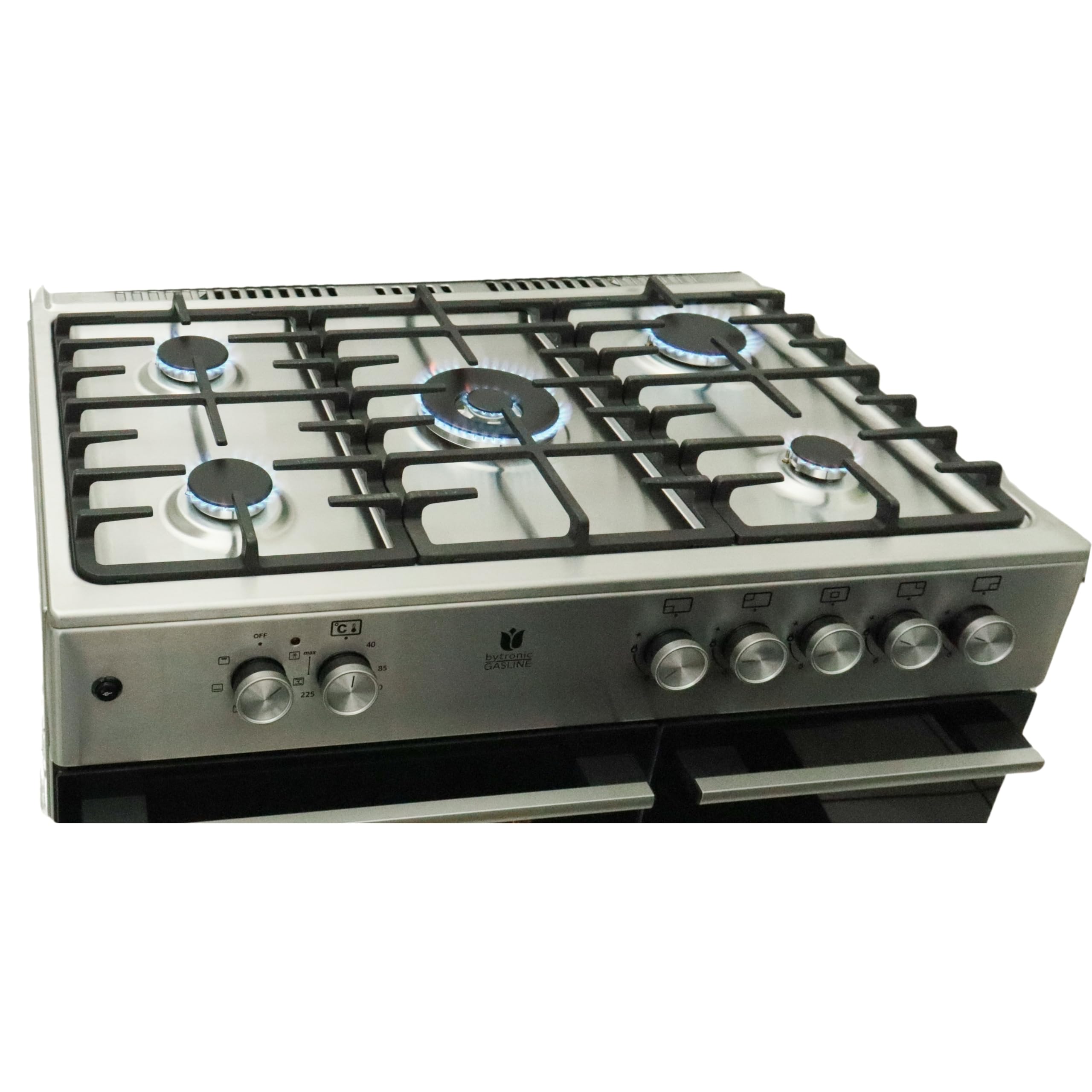 Gasline Gas Standherd mit Elektrobackofen und Flaschenschrank 90cm GAG90GOXFLE Edelstahl, Propan Regler 50Mbar + Gasschlauch