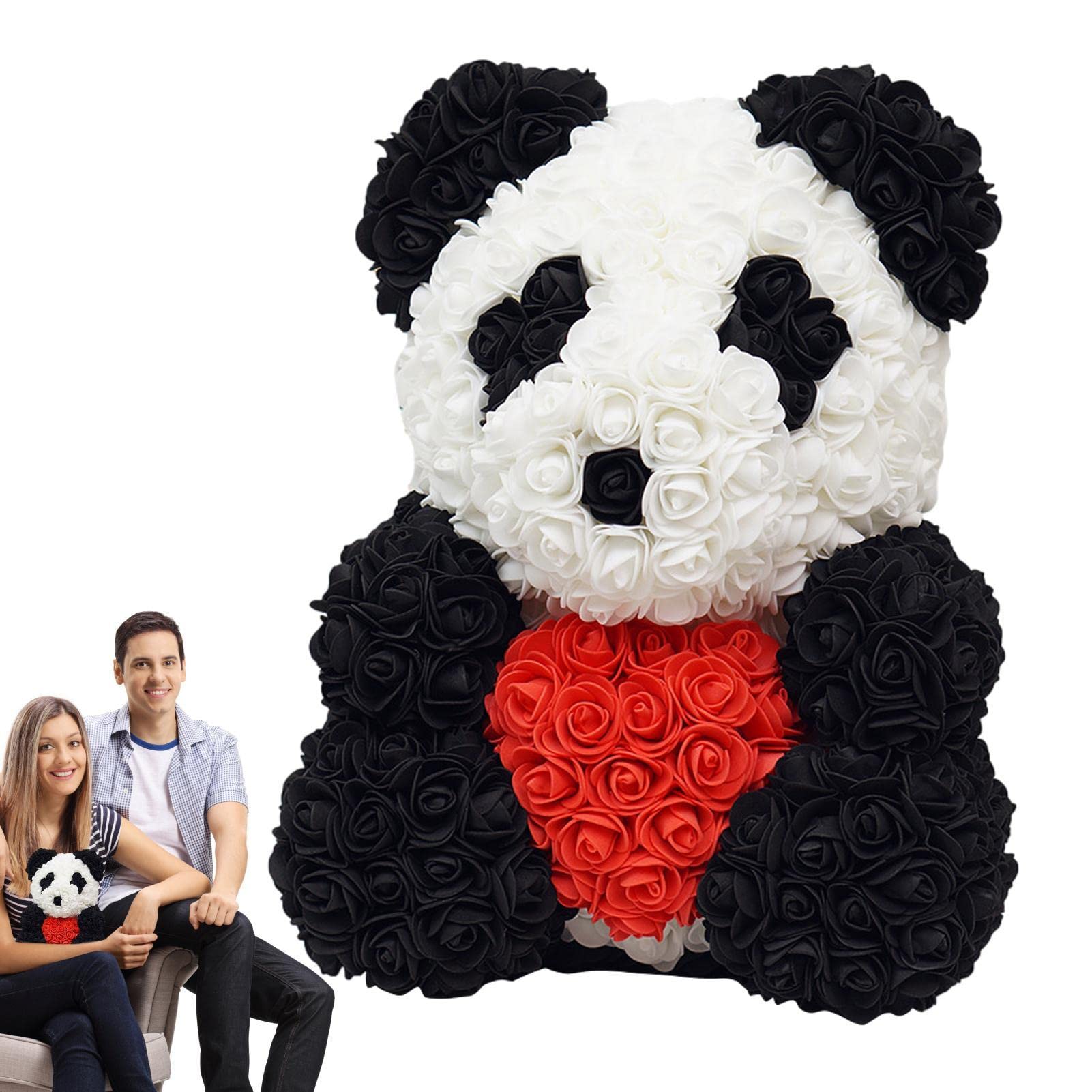 Bavokon Flower Bear - 9.84inch/ 25cm Panda with/Black Bowtie - Panda with Heart Flower Doll, for Valentine's Day, Anniversaries, Birthdays, Weddings