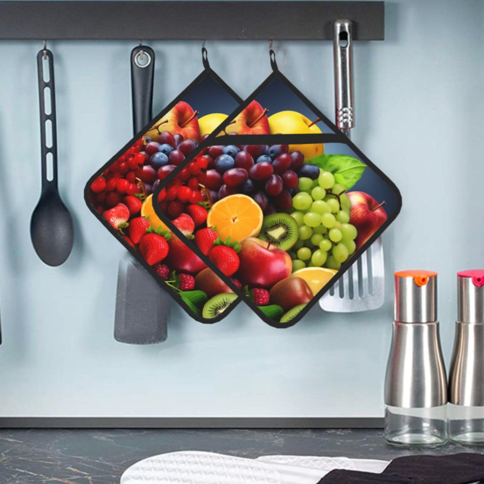 2 Pcs Pot Holders for Kitchen Heat Resistant Cotton Potholers Fruits Oven Hot Pads for Microwave Cooking Baking BBQ