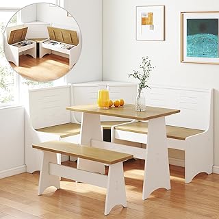 Breakfast Nook Kitchen Corner Dining Table Bench Chair Set, Hidden Storage Space-Saving 3-4 Seat L-Shape for Farmhouse Family Home White Wood - Buy now