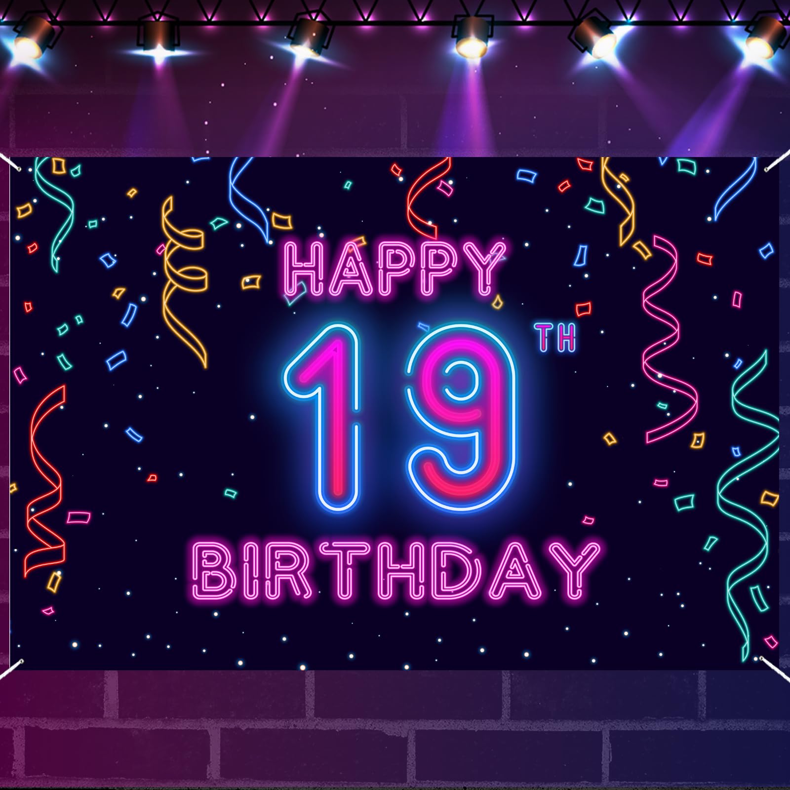 19th Neon Happy Birthday Banner Let’s Glow Banner Backdrop Decorations for Girls Boys Women Men Cheer to 19 Years Neon Themed Birthday Party Photography Background Glow Party Supplies — image 1
