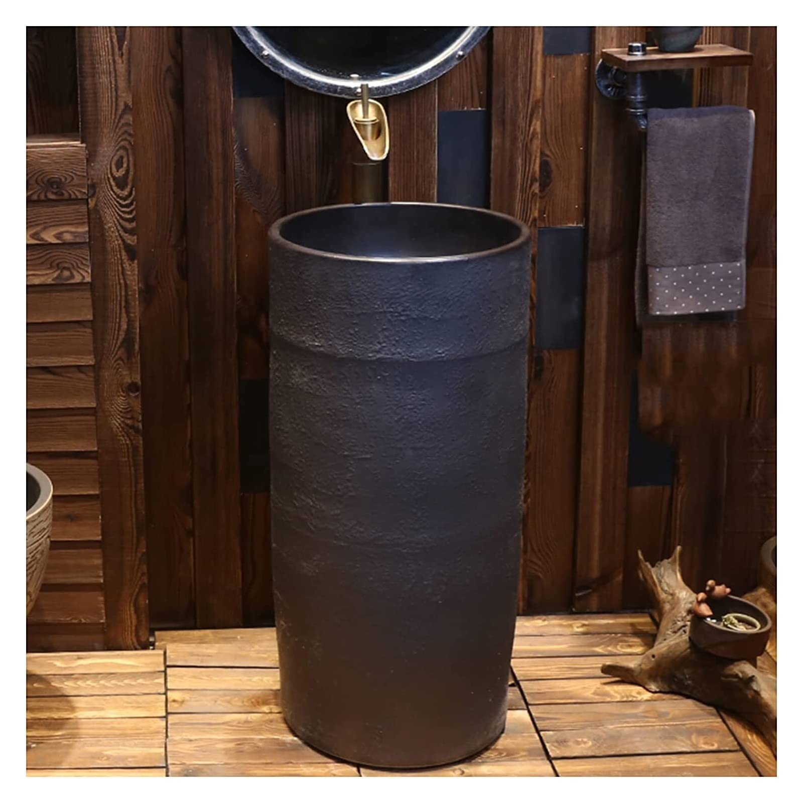 OLSKFUH Freestanding Pedestal Sink Floor Standing Art Sink Pedestal Sink Handcrafted Ceramic Wash Basin Pedestal Washbasin Kaolin Clay Round Freestanding Sink With Drain & Faucet,F-With mirror
