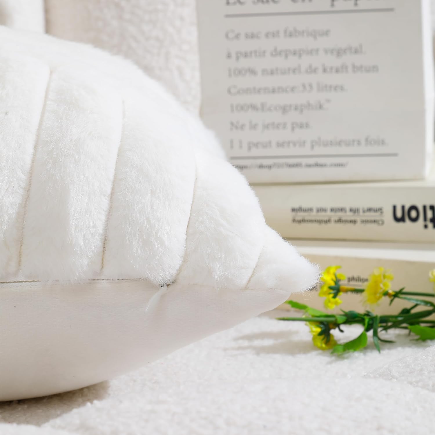 All Smiles Couch Decorative Throw Pillow Covers 16x16 Set of 2 Faux Fur Plush Soft Fluffy Velvet Cushion Case Cozy Fuzzy Striped Pillowcase Home Decor for Bed Sofa Living Room,Cream White - Image 3