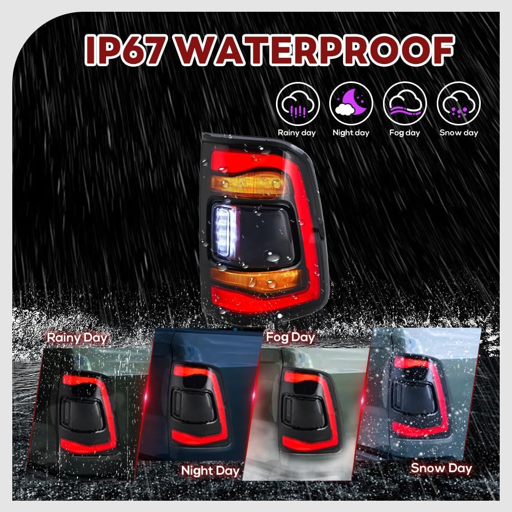 Tail Lights for Dodge Ram 1500 2019-2024 5th Gen Taillights with Turn Signal Brake Reverse DRL Rear Back Lamp Replacement Fit Halogen&LED Ver, Not Fit Ram 2500 3500(Smoked, 1 Pair)