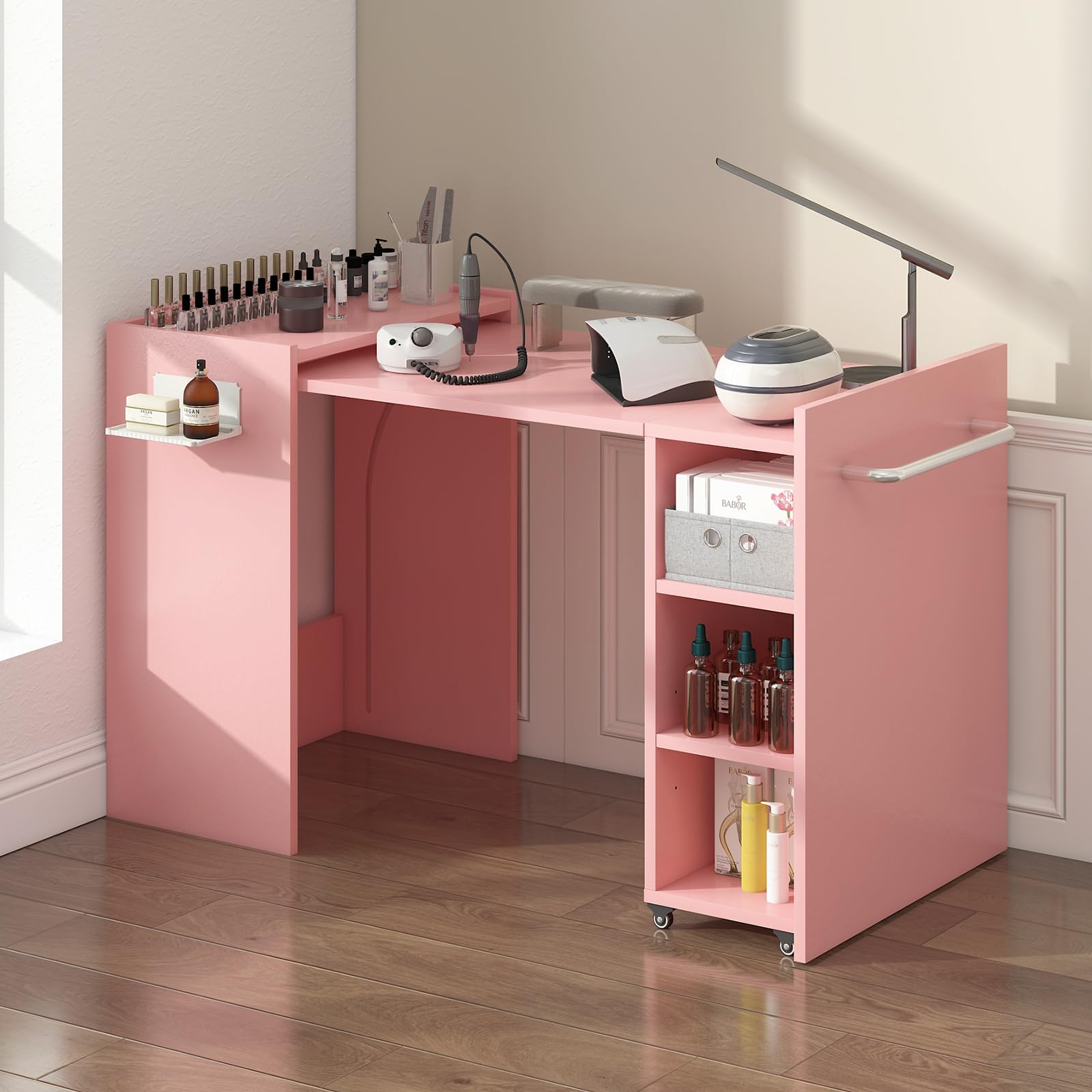 Foldable Manicure Table Nail Desk, Expandable Nail Tech Table with Storage Fabric Drawer & Adjustable Shelves, Wall Mount Nail Station Modern