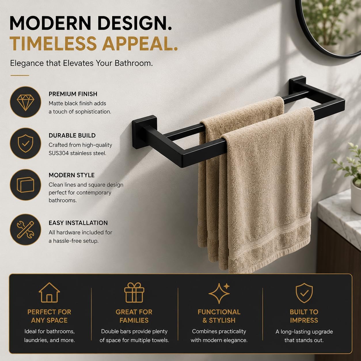 5-Piece Bathroom Hardware Set, 23.6" Double Towel Bar & Wall Mounted Bathroom Accessories, SUS304 Stainless Steel Solid Metal Construction, Modern Square Design for Contemporary Bathrooms, Matte Black image 4
