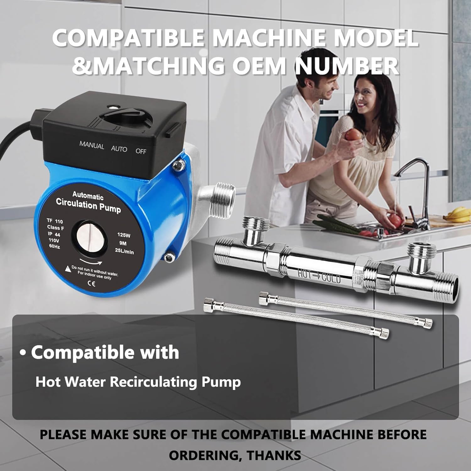 Hot Water Recirculating Pump, Water Circulator Pump, Automatic Hot Water Circulating Pump 110v BSP 3/4" w/NPT 1/2" Adapter Stainless Steel 15-9S Dual Control for Electric Water Heater System