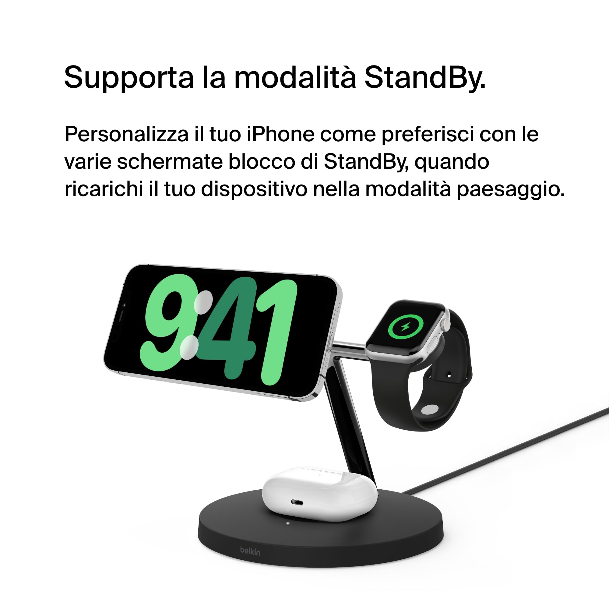 Belkin BoostCharge Pro Caricatore da scrivania 3 in 1 con ricarica wireless 15 W Qi2 per iPhone 15, 14, 13, 12, Apple Watch e AirPods, stazione di ricarica magnetica compatibile con MagSafe, nero