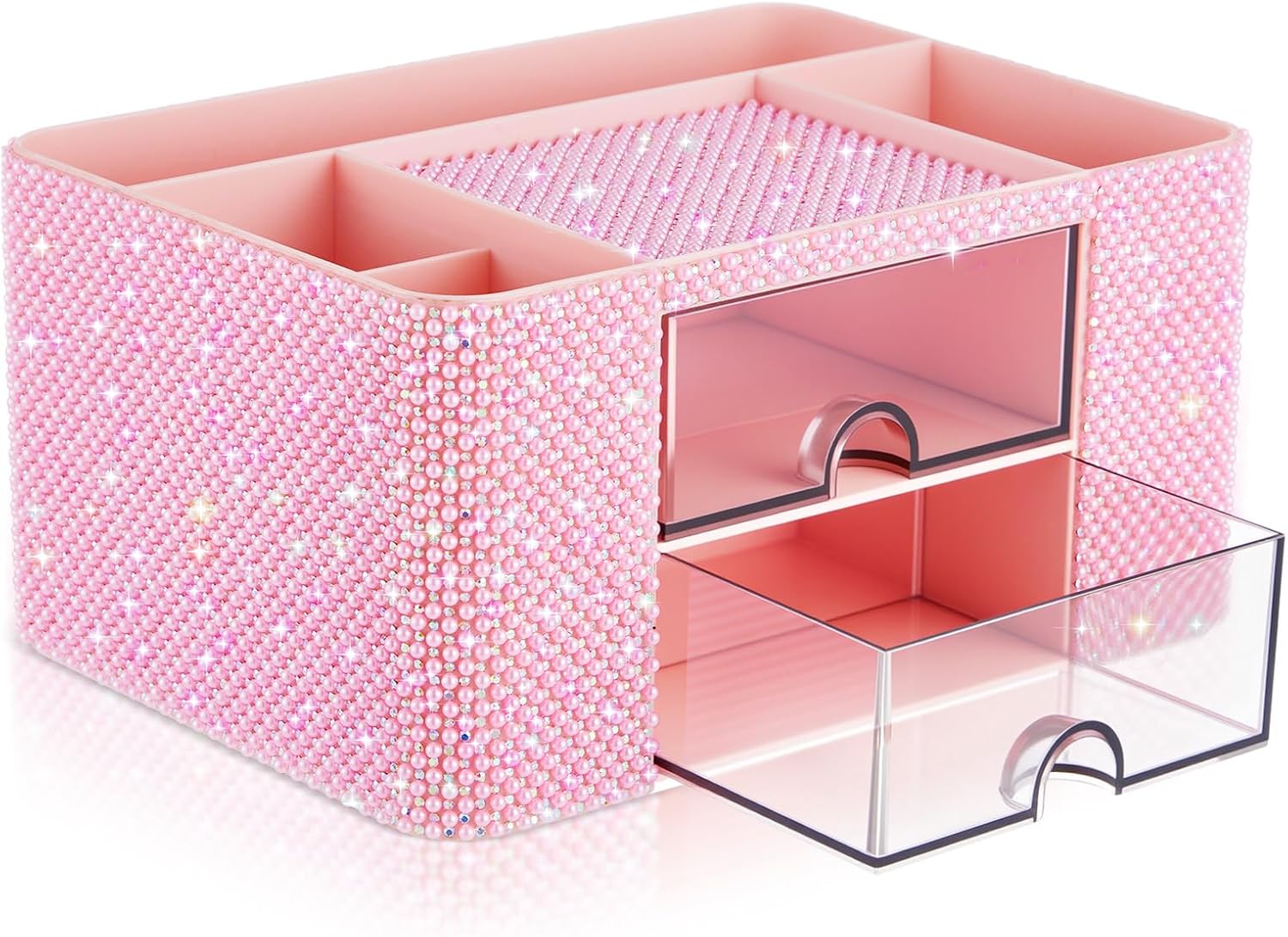 MotiMind Pink Bling Desk Organizer with 2 Drawer, Sparkly Makeup Organizer for Vanity, Girly Desk Accessories, Rhinestone Pen Holder, Elevate Your Workspace with Pink Serenity (Pearl)