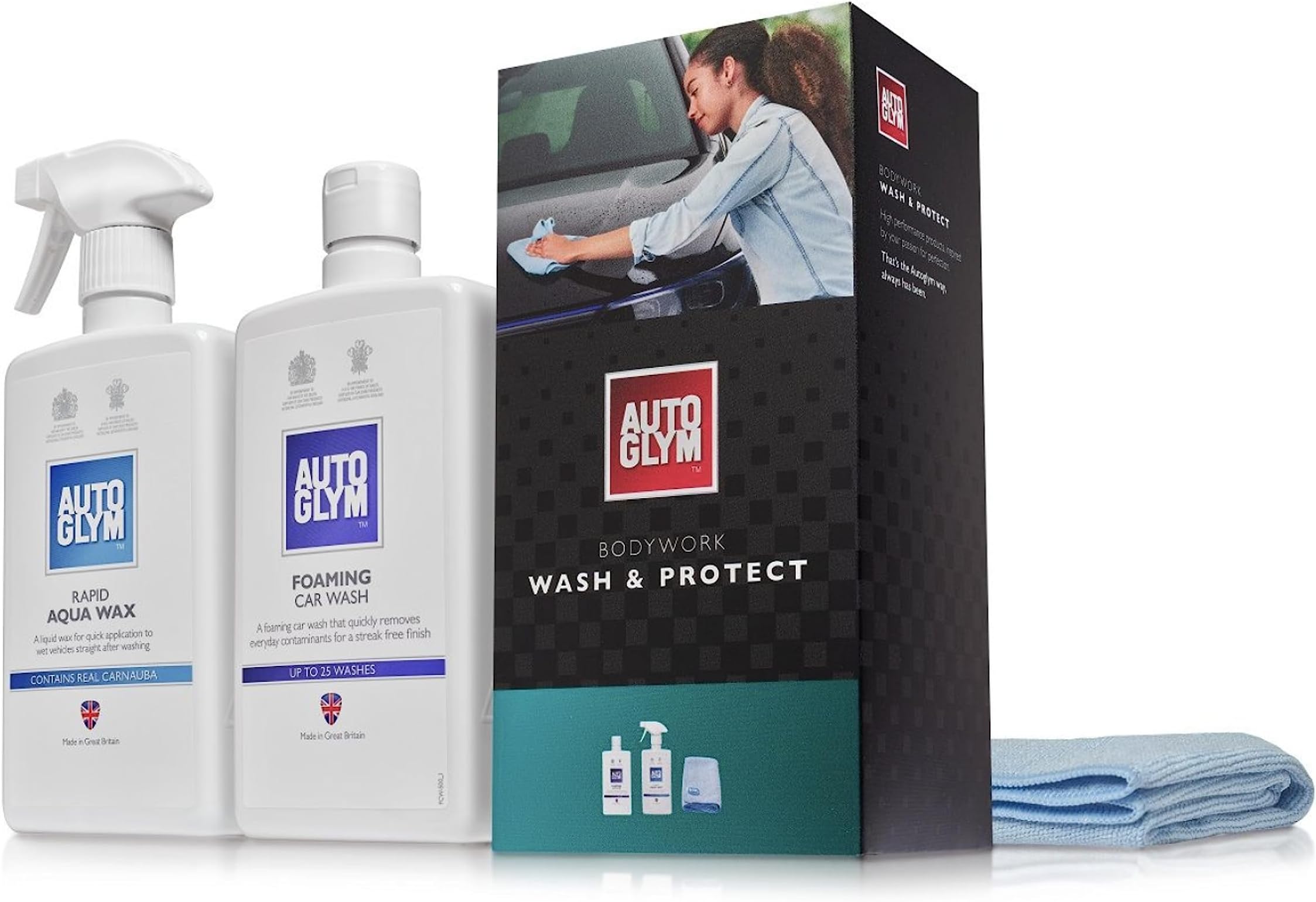 Autoglym Bodywork Wash and Protect - 4-Piece Car Cleaning Kit For Car Exteriors, Car Care Gift Set Includes Foaming Car Wash-500 ml, Rapid Aqua Wax-500 ml, 2 Car Cleaning Microfibre Towels