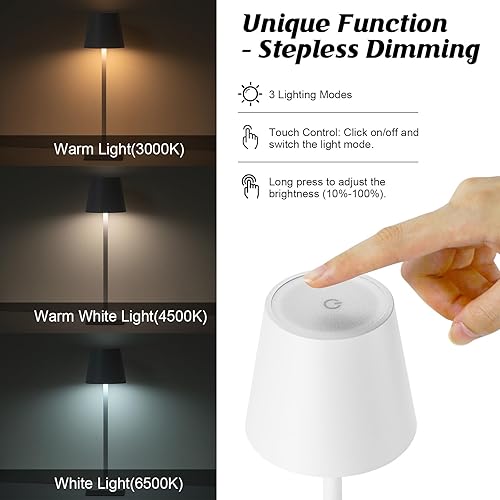 Miniatura 5 de Paquete de 2 lámparas de mesa LED inalámbricas recargables, funciona con pilas de 5200 mAh, lámpara de mesa, carcasa de aluminio, atenuación