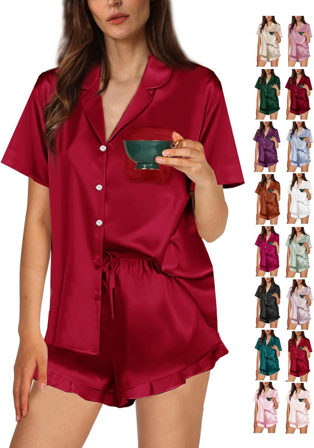 WJing Yi Jia Ruffle Pajama Sets For Women XS-4XL Womens Silk Satin Pajamas Set Silky Sleepwear Pj Sets Nightwear Loungewear