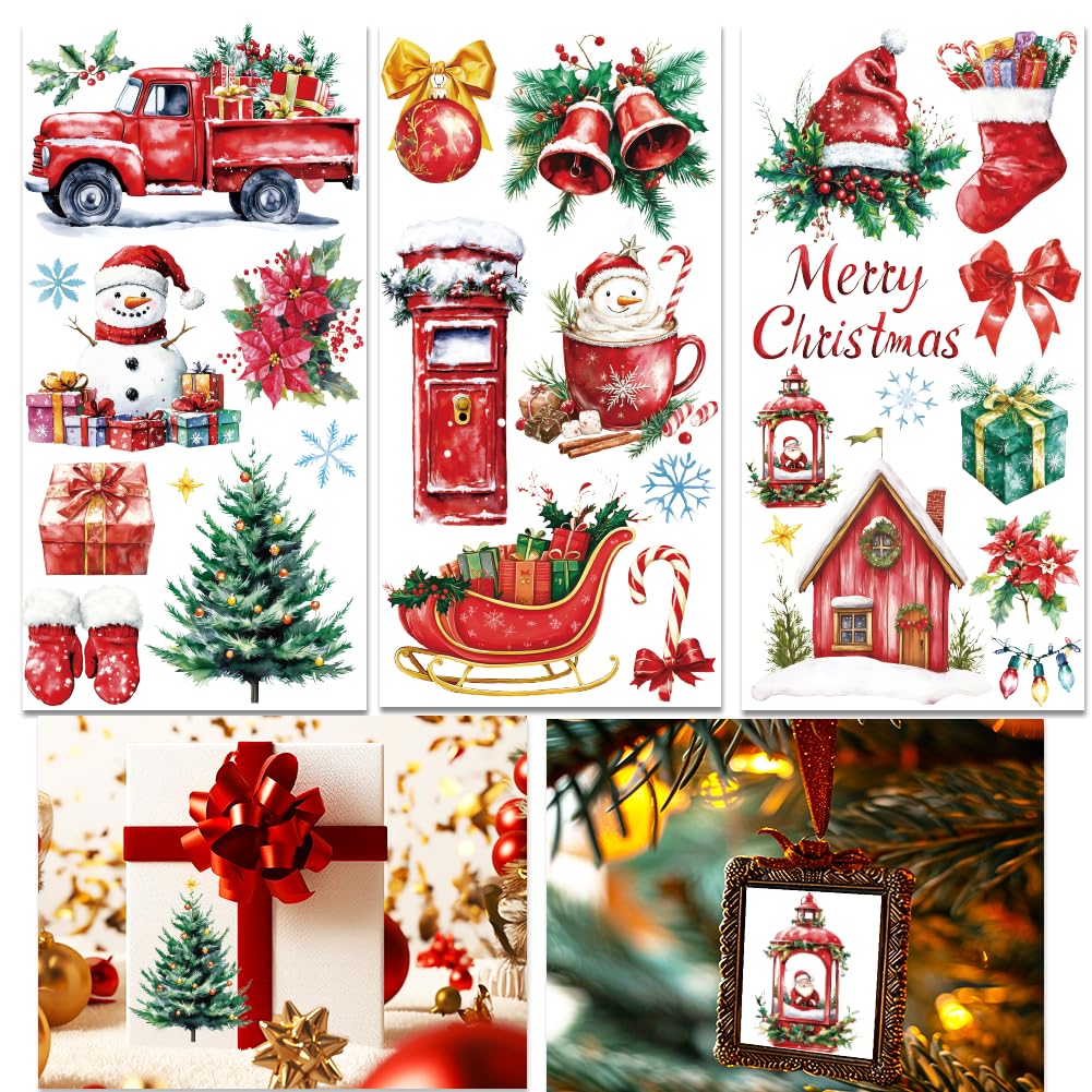 INFUNLY 3Sheet Merry Christmas Rub on Transfers for Crafts 6x12 Christmas Tree Bell Furniture Rub on Transfer Sticker Snowman Transfer Decals Waterproof for Wood Glass Scrapbook DIY Paper Home Decor