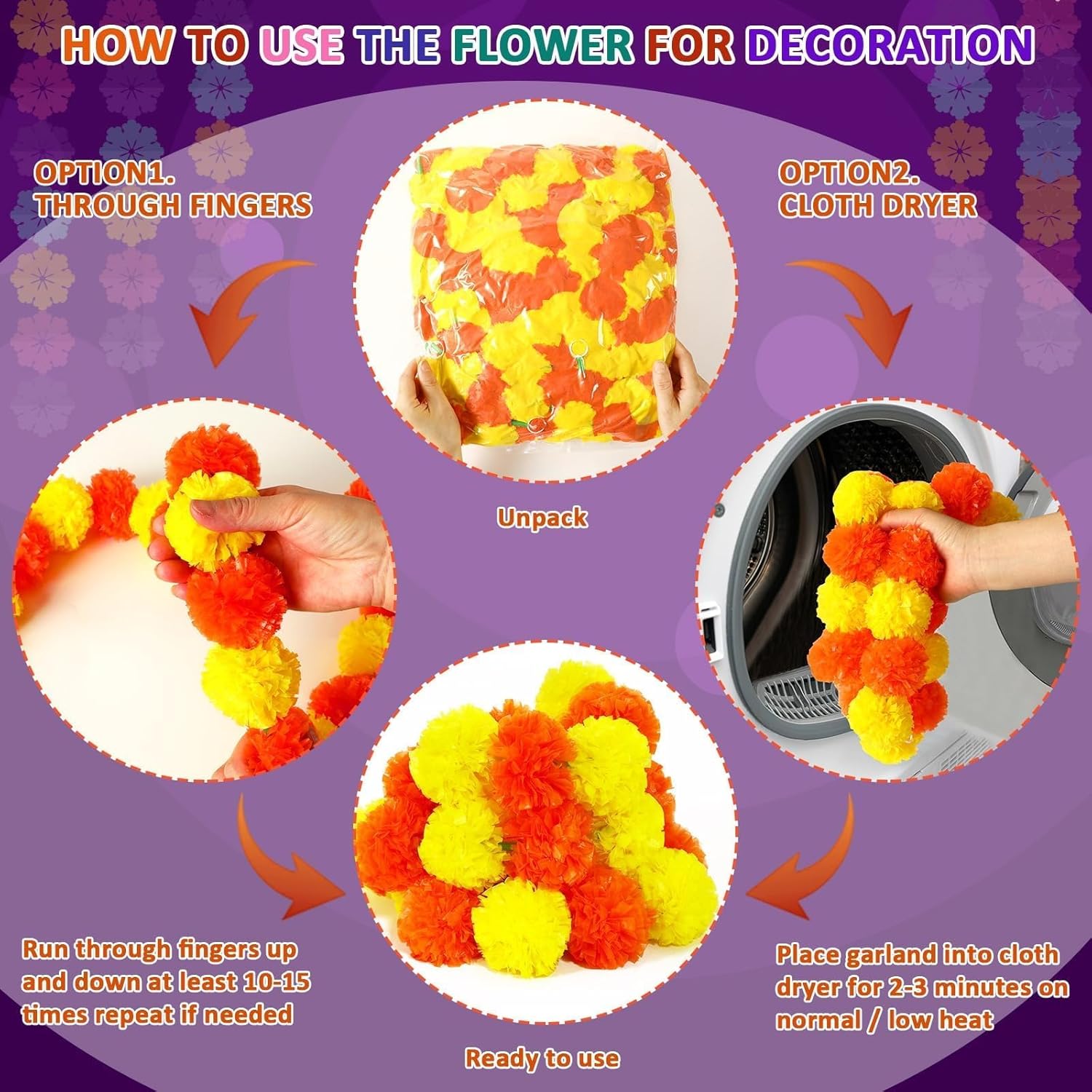 JUNEBRUSHS 12 PCS Marigold Garland, 5 Feet Artificial Marigold Flowers Garland Bulk Diwali Indian Decorations for Home Pooj Dia de Los Muertos Day of The Dead Wedding, Yellow Orange