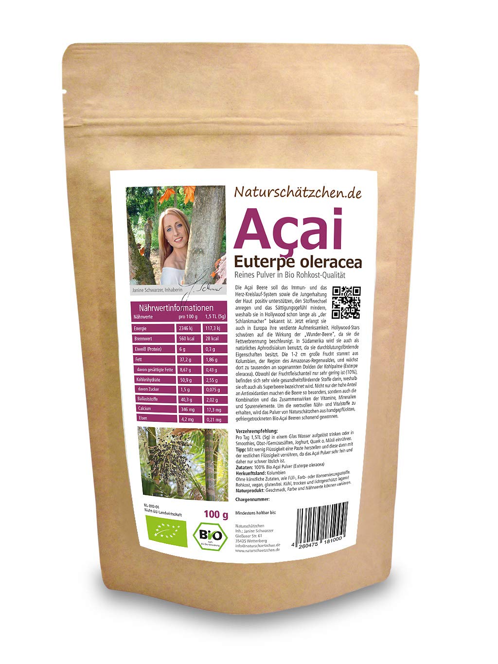 Polvo de acai orgánico (polvo de acai) en calidad orgánica probada (DE-ÖKO-022) - Superalimento orgánico (1 x 100 g)