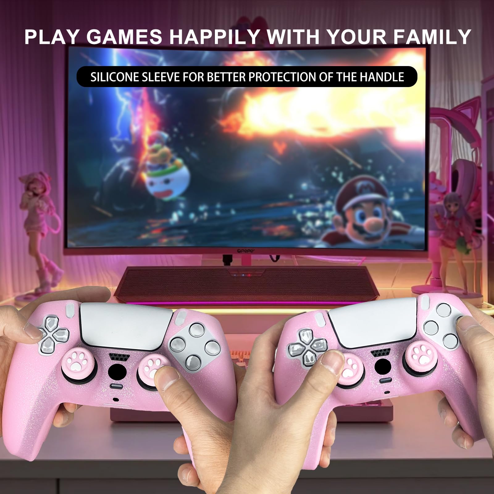 Cover protettiva in silicone antiscivolo rosa glitterata compatibile con controller PS5/Slim/Pro, 8 tappi per pollice glitterati e 2 tappi per impugnature.