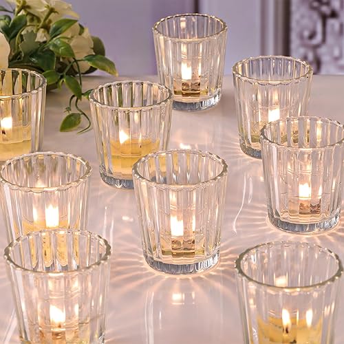 24pcs Vintage Ribbed Votive Candle Holders, Glass Candle Holder for Wedding Table Decor, Tea Lights Candle Holder for Table Centerpiece, Christmas, Holiday Decor
