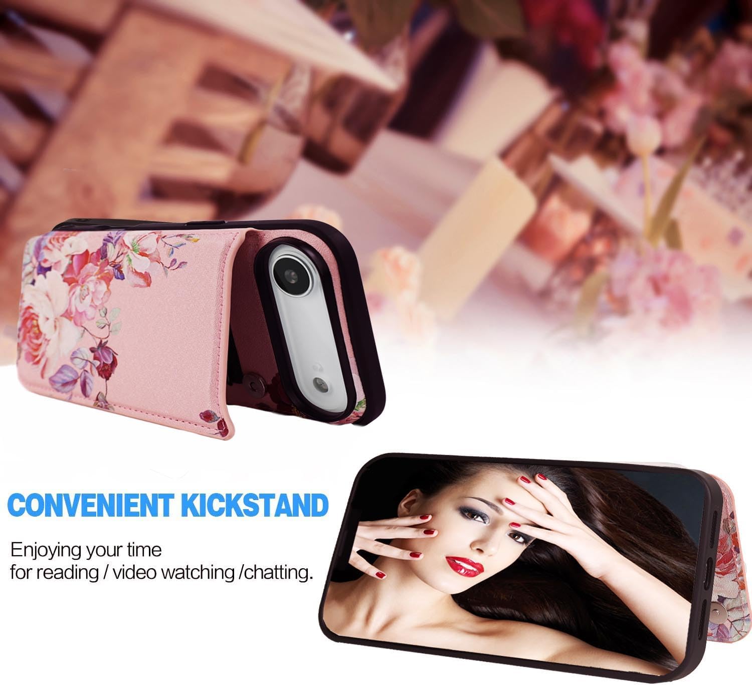 Women Phone Wallet Case Compatible for iPhone 17 Air with Card Holder,Premuim Leather with Flowers add Good Feelings Charms,Easily 3 Cards,Kickstand,Raised Coner Protections [6.5 inch]-Pink image 3