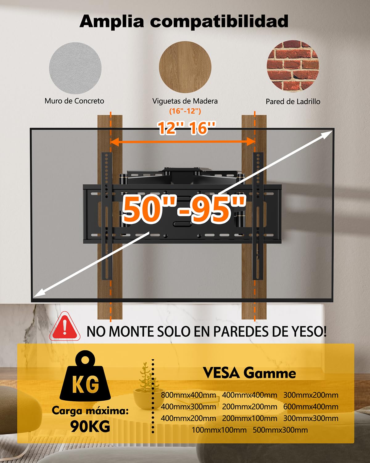 FORGING MOUNT Soporte TV Pared con Brazos dobles articulados Extralargo de 1090mm para Pantallas de 50-95" de Planos/Curvos, Soporte Pared TV con Giratorio e Inclinable, VESA Máx 800x400mm, Hasta 75kg