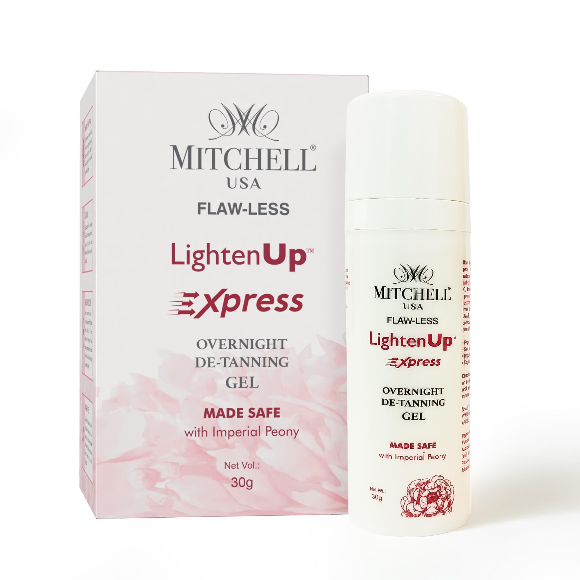 Mitchell USA Flaw-Less LightenUp Express Overnight De-Tanning Gel | Hydrating & Nourishing | Targets Dark Spots, Pigmentation & Winter Tanning | Made Safe with Imperial Peony (30g)