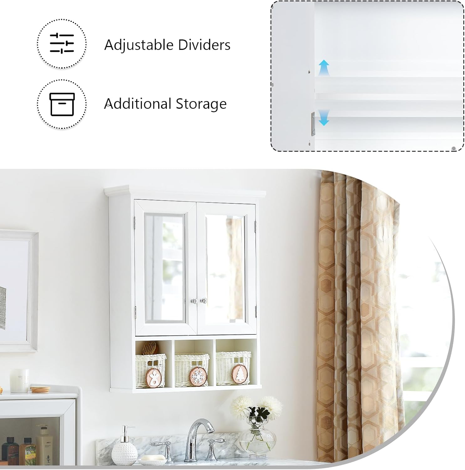 Medicine Cabinet, Bathroom Organiser, Wall Mounted Bathroom Cabinet with Mirror with 2 Adjustable Shelves and 3 Storage Baskets for Laundry Room, Kitchen